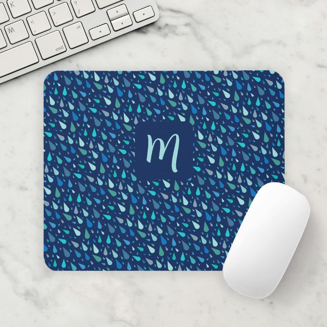 Tapis De Souris monogramme moderne bleu gouttes de pluie (Modern blue water drops rainfall mouse pad with custom monogram or initial)