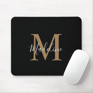 Tapis De Souris Monogramme moderne de script noir et or