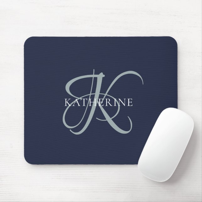Tapis De Souris Monogramme moderne élégant Script Marine Bleu (Avec souris)