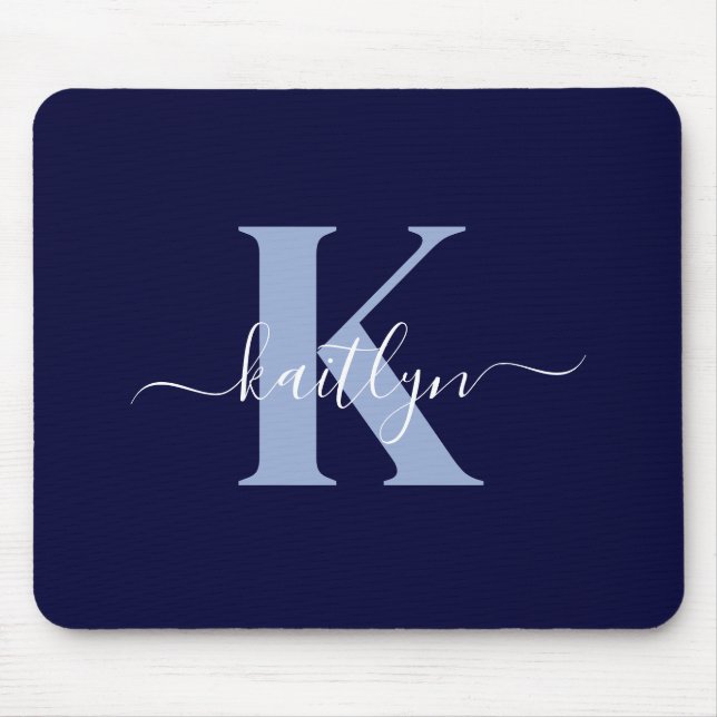 Tapis De Souris Monogramme Moderne en Écriture Manuscrite Bleu Nui (Devant)
