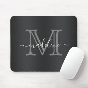 Tapis De Souris Monogramme moderne en métal brossé gris noir