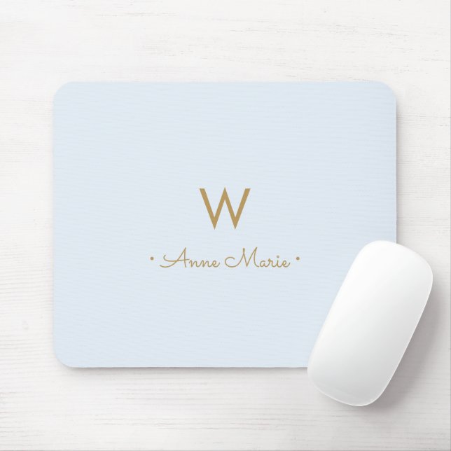 Tapis De Souris Monogramme Moderne en Or Bleu Poussiéreux Script (Avec souris)