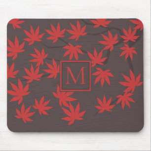 Tapis De Souris Monogramme Moderne Feuille d'Érable Rouge Grise