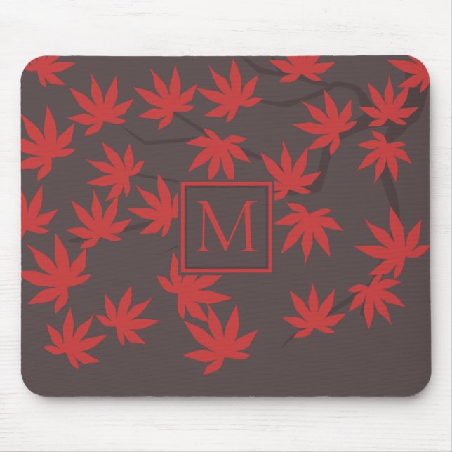 Tapis De Souris Monogramme Moderne Feuille d'Érable Rouge Grise (Devant)