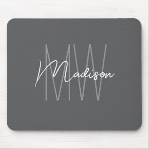 Tapis De Souris Monogramme Moderne Nom Script Gris