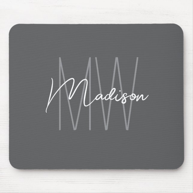Tapis De Souris Monogramme Moderne Nom Script Gris (Devant)