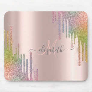 Tapis De Souris Monogramme Moderne Rose Gold Pailleté Arc-en-ciel