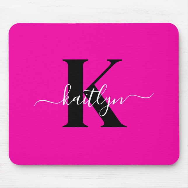 Tapis De Souris Monogramme moderne rose noir écriture script (Devant)