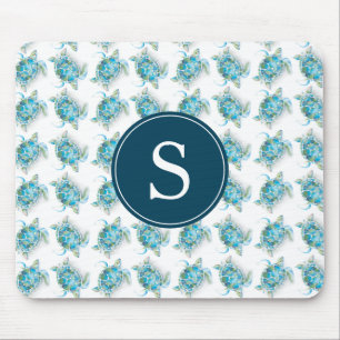 Tapis De Souris Monogramme Motif de tortue marine Turquoise bleu