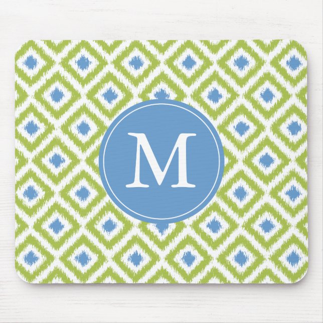Tapis De Souris Monogramme Motif Ikat bleu vert (Devant)