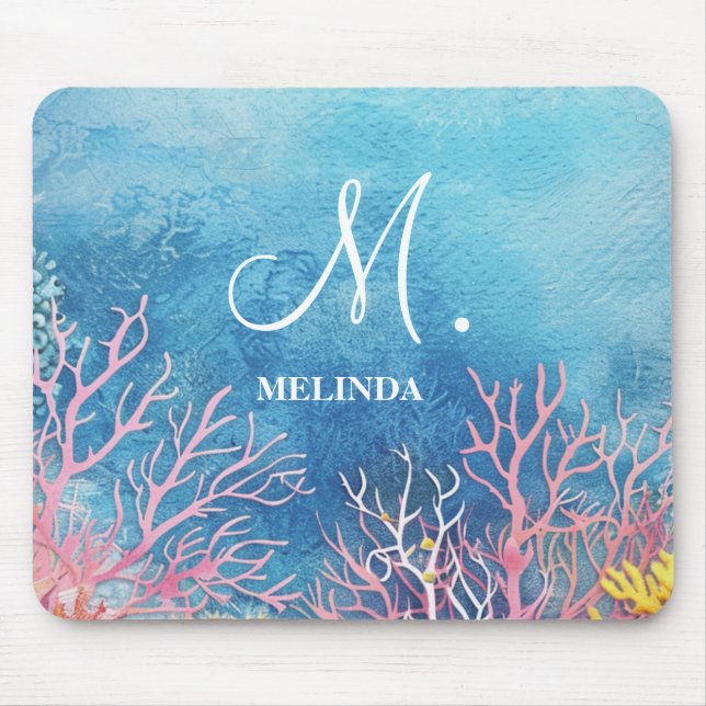 Tapis De Souris Monogramme motif marin bleu moderne (Devant)
