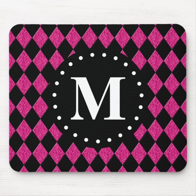 Tapis De Souris Monogramme Motif noir rose chaud (Devant)