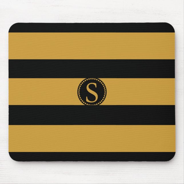 Tapis De Souris Monogramme noir avec bandes de feuille d'or (Devant)