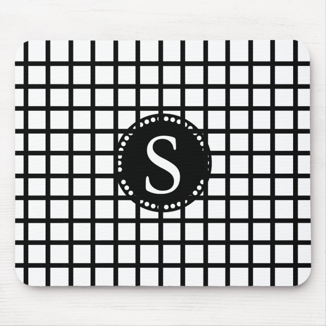 Tapis De Souris Monogramme noir avec rayures de chèques blancs et  (Devant)