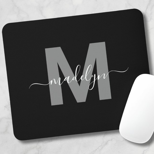 Tapis De Souris Monogramme Noir Blanc Luxueux (Glamorous Black White Name Monogram Mouse Pad)