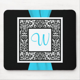 Tapis De Souris Monogramme Noir, Bleu, Blanc Damas Mousepad