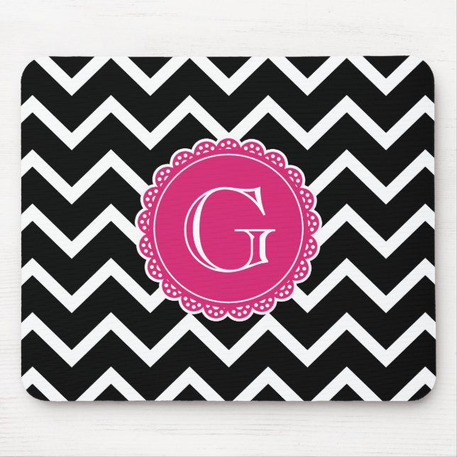 Tapis De Souris Monogramme noir Chevron rose chaud (Devant)