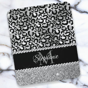Tapis De Souris Monogramme noir et argent léopard fille glam