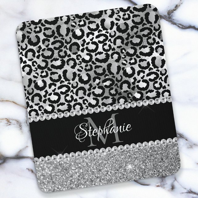 Tapis De Souris Monogramme noir et argent léopard fille glam (Créateur téléchargé)