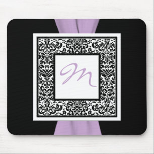 Tapis De Souris Monogramme Noir, Lavende, Blanc Damas Mousepad