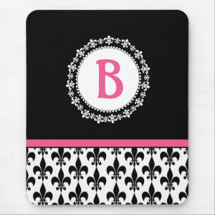 Tapis De Souris Monogramme noir rose Fleur de Lis