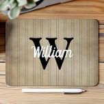 Tapis De Souris Monogramme noir Tan Vintage Pinstripe Rétro<br><div class="desc">Ce design présente un motif à rayures vintages en bronze avec rayures en pointillé noir. Personnalisez-le avec votre initiale monogramme en noir et votre nom en écriture rétro blanche.</div>