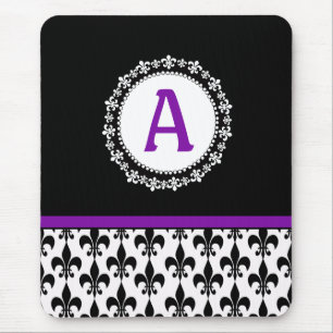 Tapis De Souris Monogramme noir violet Fleur de Lis