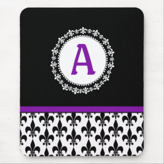 Tapis De Souris Monogramme noir violet Fleur de Lis