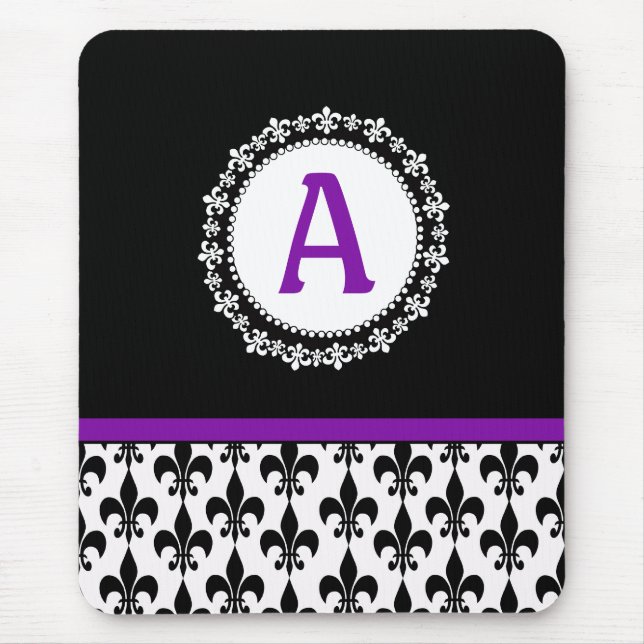 Tapis De Souris Monogramme noir violet Fleur de Lis (Devant)