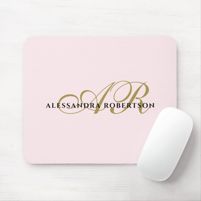 Tapis De Souris Monogramme Nom blush rose or noir élégant (Avec souris)