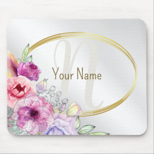 Tapis De Souris Monogramme Nom Coloré Rose Floral Golden Frame