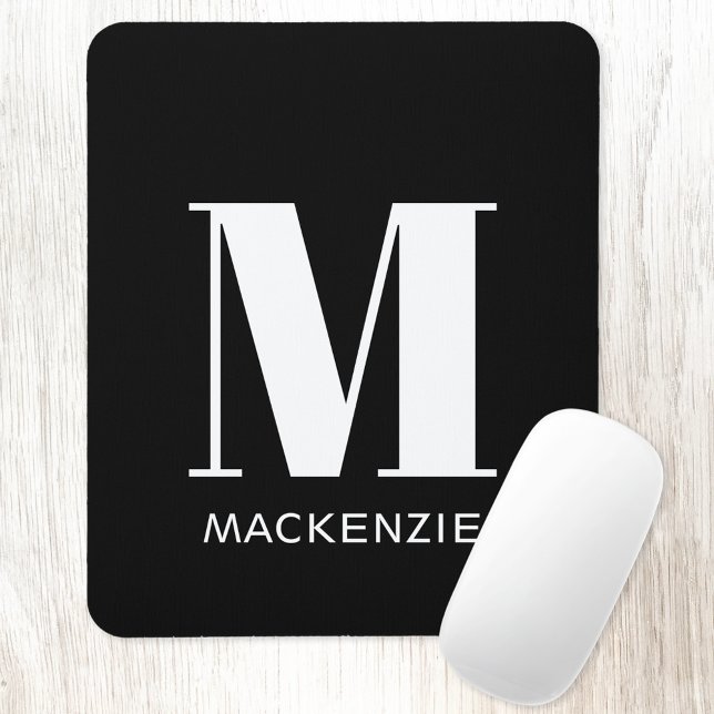 Tapis De Souris Monogramme Nom initial Simple (Personalized monogram initial name white on black mousemat)