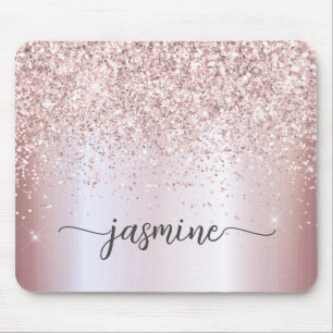 Tapis De Souris Monogramme Nom Métallisé Paillettes Rose Doré Étin