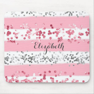 Tapis De Souris Monogramme Nom Rose Blanc Gris Paillettes Féminin