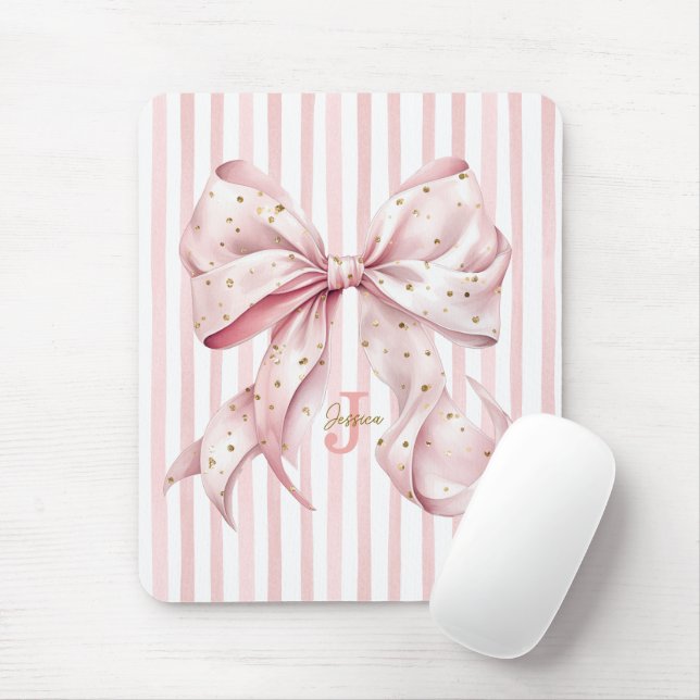 Tapis De Souris Monogramme Nom Ruban Confetti Or Rose (Avec souris)