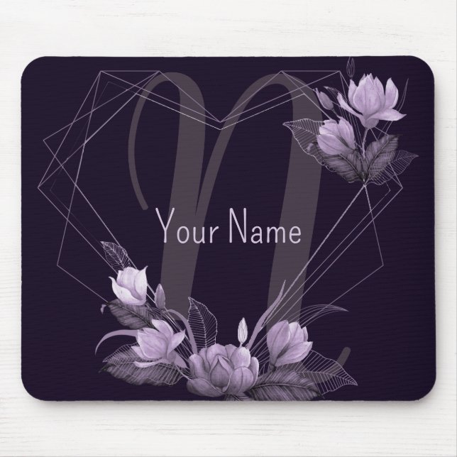 Tapis De Souris Monogramme Nom Violet Floral Violet Cadre géométri (Devant)