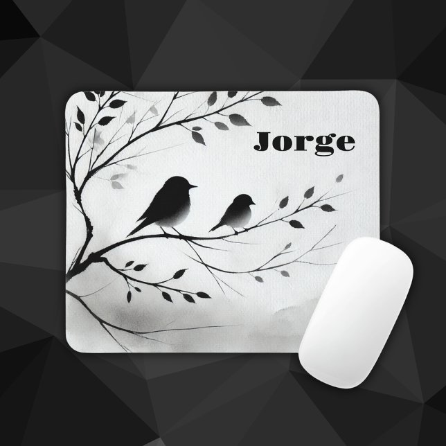 Tapis De Souris Monogramme Oiseaux noirs et blancs simples dans le (Créateur téléchargé)