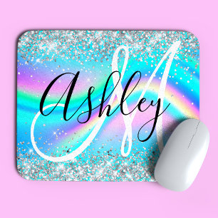 Tapis De Souris Monogramme Ombré Aqua Vague Arc-en-ciel Paillettes
