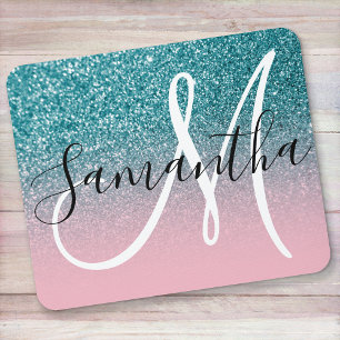 Tapis De Souris Monogramme ombré pailleté rose et sarcelle