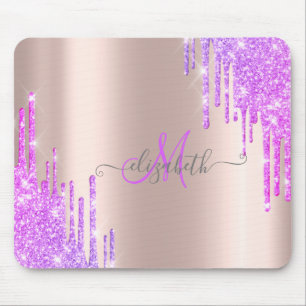 Tapis De Souris Monogramme Or Rose avec Gouttes de Paillettes Viol