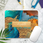 Tapis De Souris monogramme or turquoise marbre orange aquarelle<br><div class="desc">Une bande brillante et fausse feuille d'or avec votre nom de typographie de script chevauche un riche, veiné or, bleu turquoise, et orange jaune arrière - plan d'aquarelle sur cet élégant, tendance, girly, nom personnalisé mousepad. Fait une déclaration chic et élégante à chaque utilisation. Un grand cadeau pour un ami,...</div>