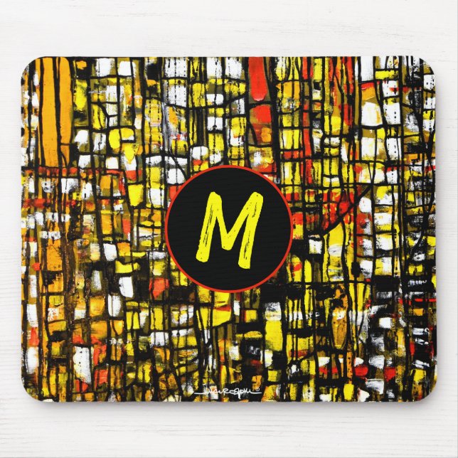 Tapis De Souris Monogramme orange jaune rouge noir Abstrait (Devant)