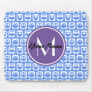 Tapis De Souris Monogramme personnalisé Chouettes bleues