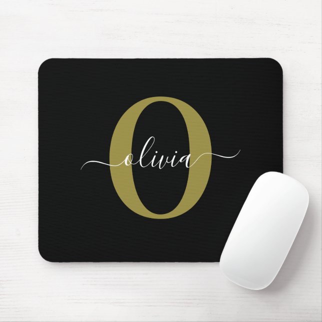 Tapis De Souris Monogramme personnalisé Nom du script Black White  (Avec souris)