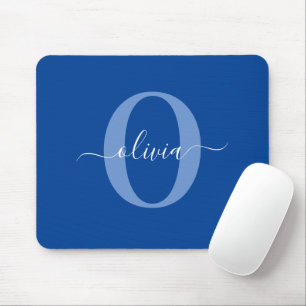 Tapis De Souris Monogramme personnalisé Nom du script Bleu Blanc