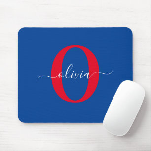 Tapis De Souris Monogramme personnalisé Nom du script Bleu Blanc R