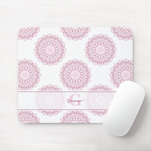 Tapis De Souris Monogramme Pink Confetti Lace Polka Dot Mandala (Avec souris)