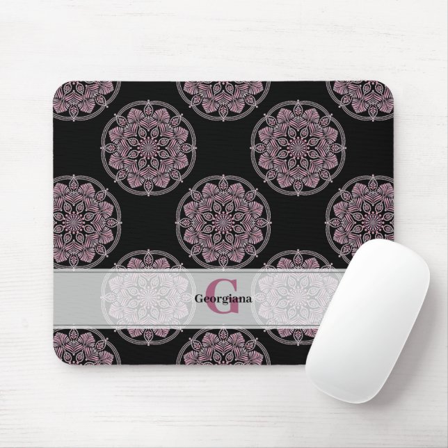 Tapis De Souris Monogramme Pink Floral Fronds Polka Dot Mandala (Avec souris)
