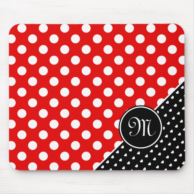 Tapis De Souris Monogramme Pois rouge, noir et blanc frappant (Devant)
