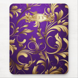 Tapis De Souris Monogramme pourpre et or damassé